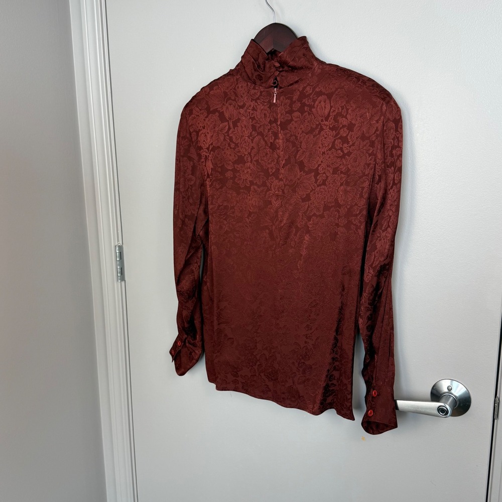 Anne Klein II Blouse Women 8 Burgundy Silk Floral Jacquard Mock Neck Vintage - Picture 12 of 13